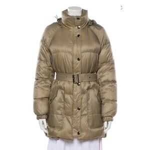 Burberry Brit Belted Down Puffer Coat Beige Nova Check Hooded Jacket Size M